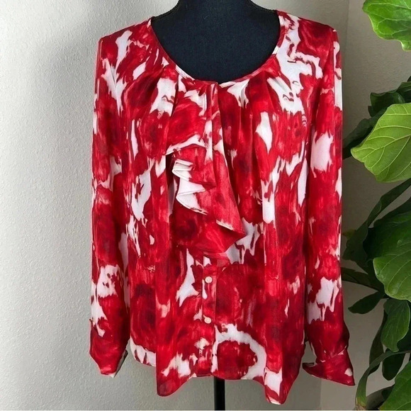 Anne Klein Red White Sheer Floral Blouse Top Size Large - Picture 1 of 12